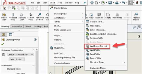 solidworks edit cut list table